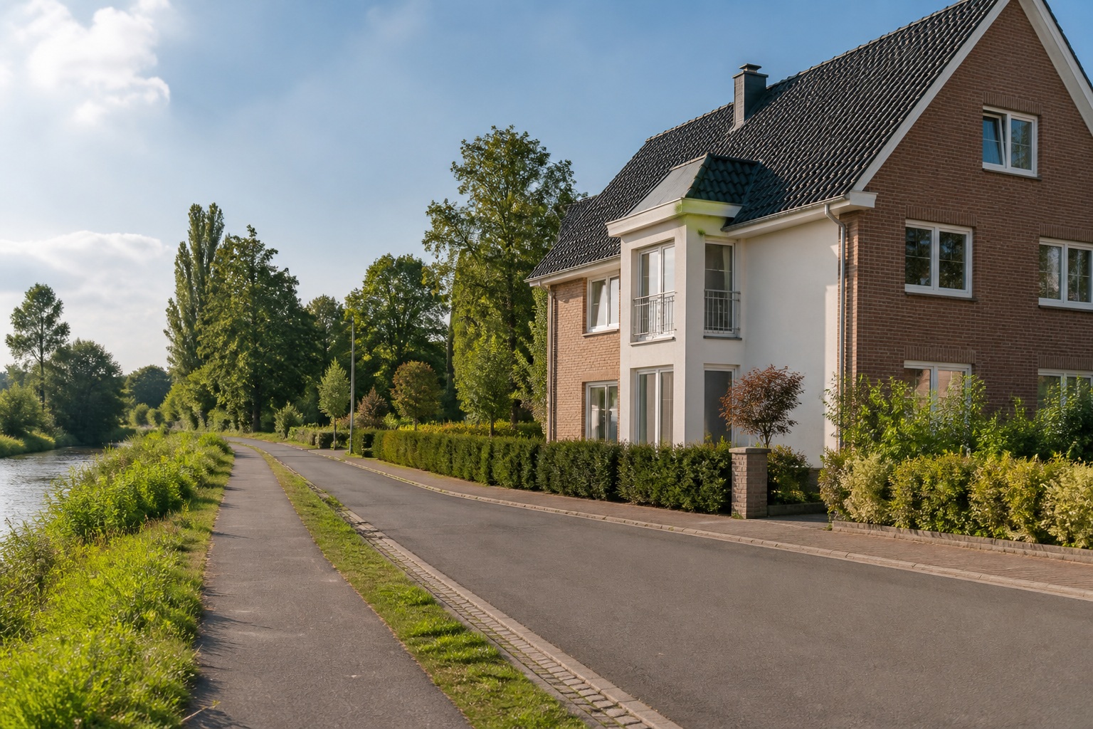 Wohnhaus an einem grünen Uferweg als Sinnbild für Eigentümerentscheidungen in Düren