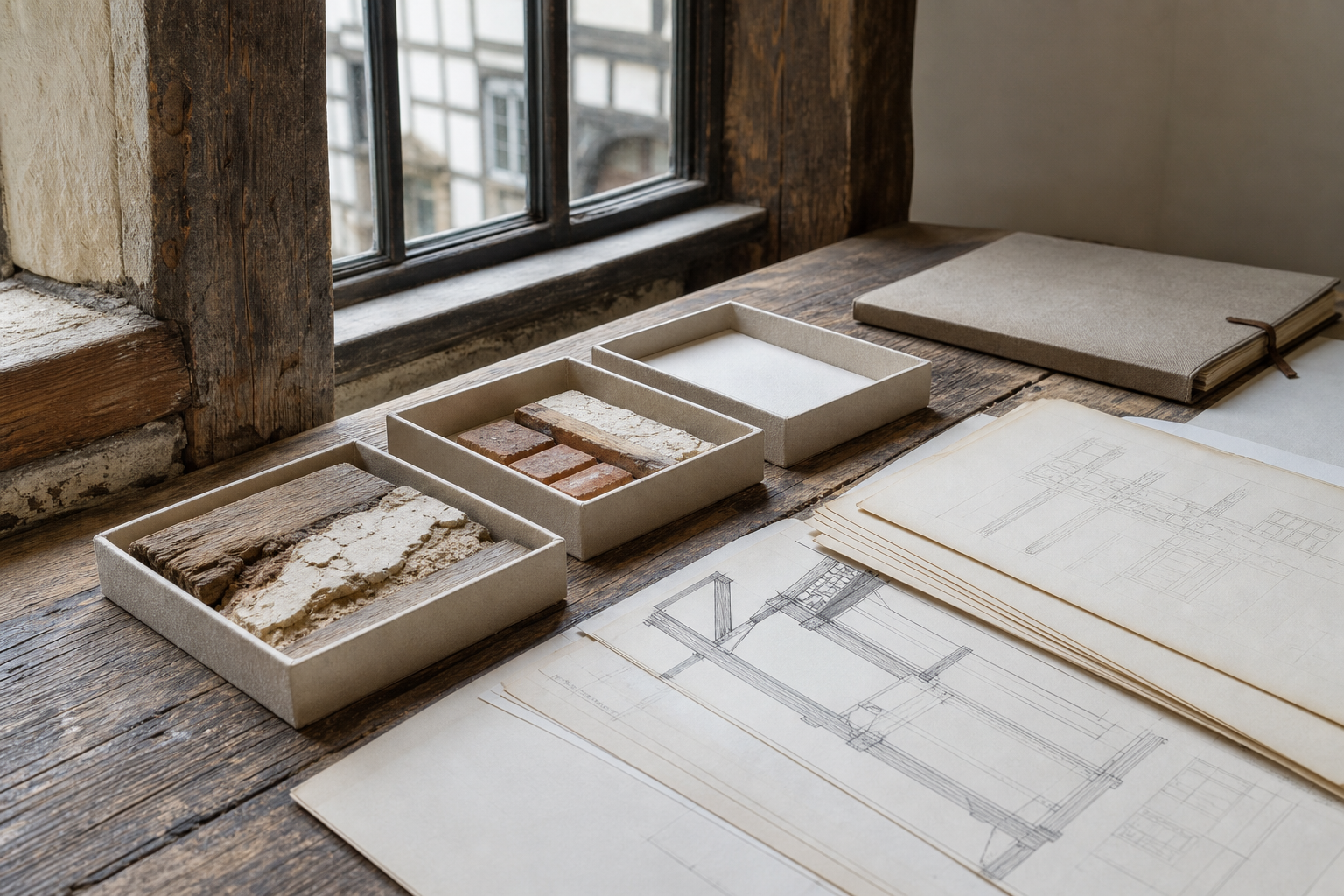 Historisches Fenster mit getrennten Materialproben, Bauplänen und Archivmappe