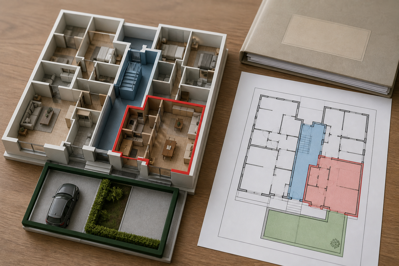 Wohnungsmodell und Aufteilungsplan mit markierter Einheit, Treppenhaus und Sondernutzungsfläche