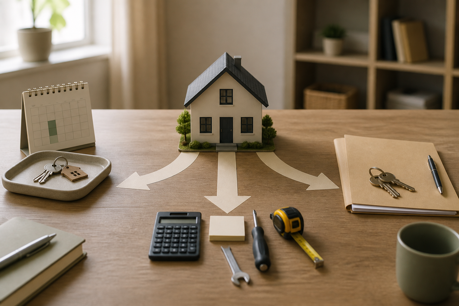 Hausmodell mit drei Wegen für Vermietung, Verkauf und wirtschaftliche Klärung