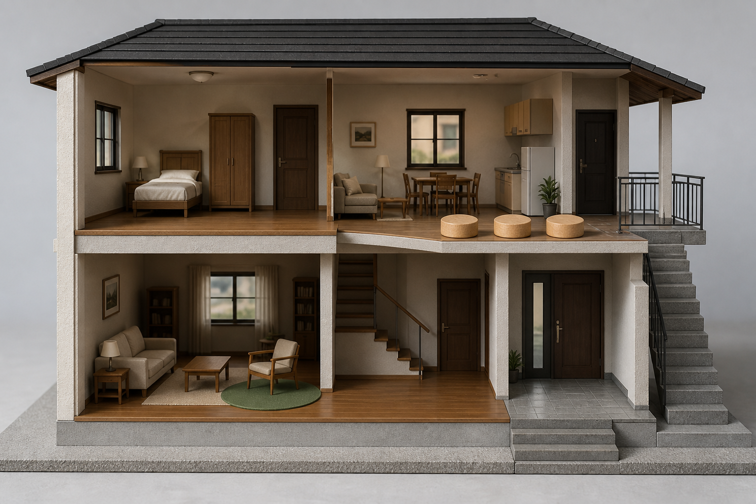 Haus-Schnittmodell mit getrennten Bereichen für Wohnen und umfassende Nutzung